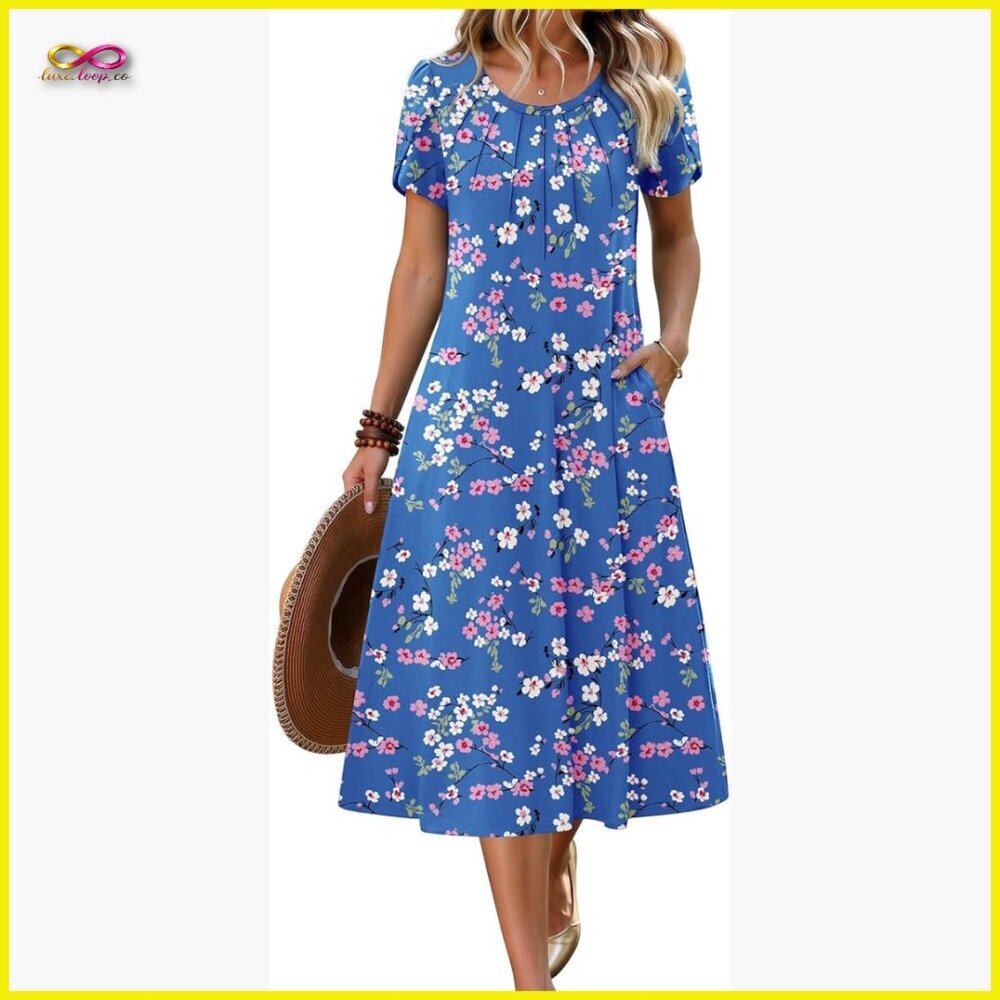 Boho Midi Dress Petal Sleeves Pleated A-Line Flowy Summer Casual Chic